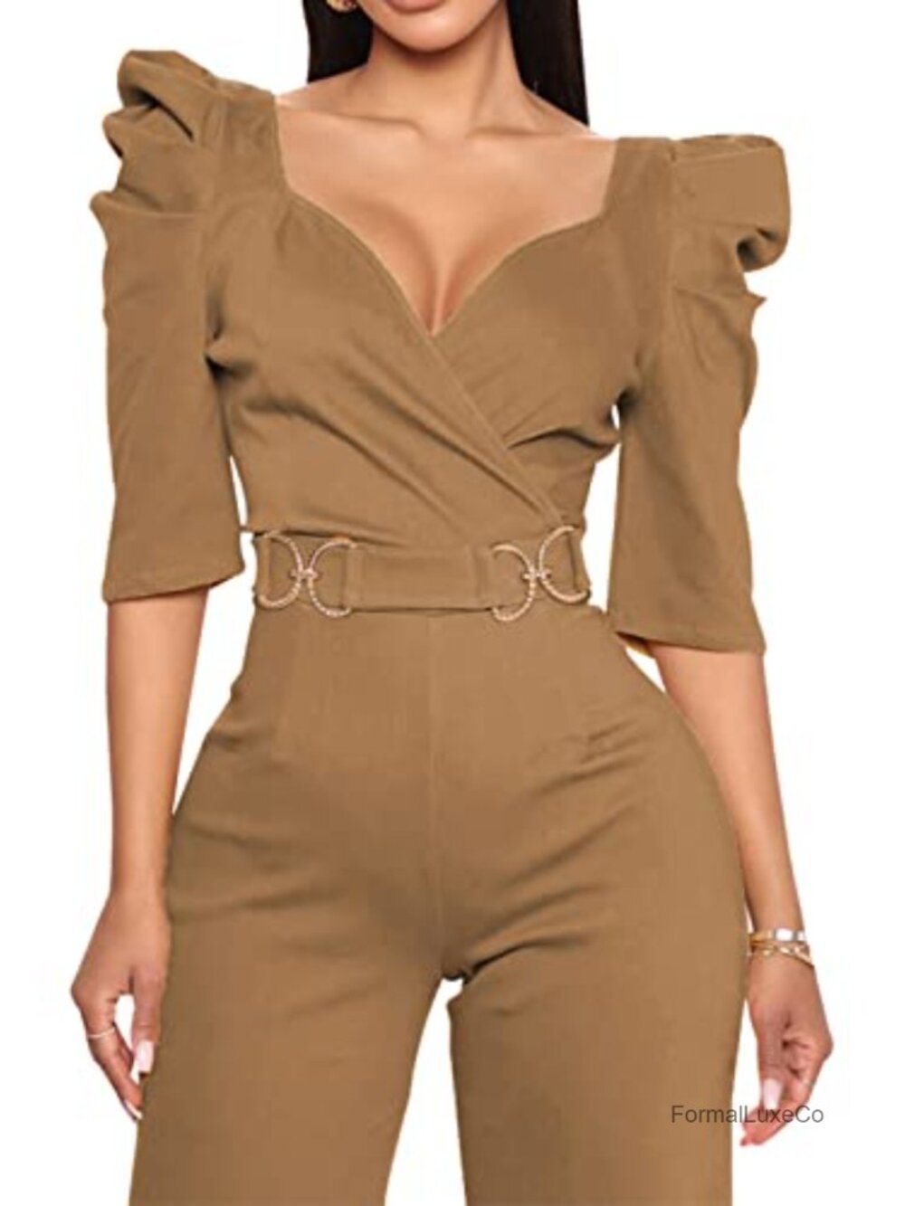 Plus Size Jumpsuit for Women Short Sleeve Party Wide Leg Deep V Neck Puff